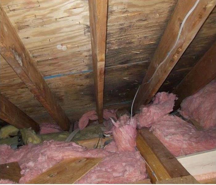 an attic space with pink insulation
