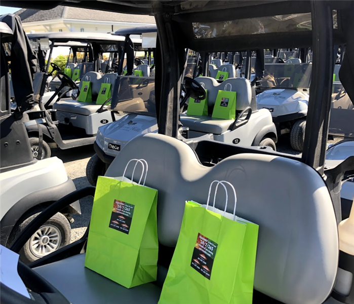 golf carts with green bags on them