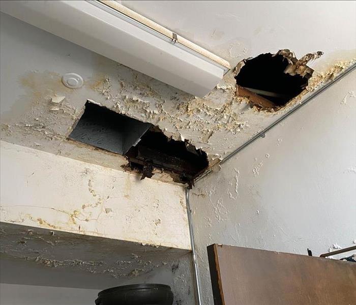 Holes in ceiling surrounded by wet stains.