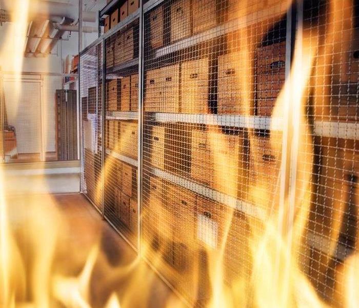 Flames in an office with storage boxes stacked